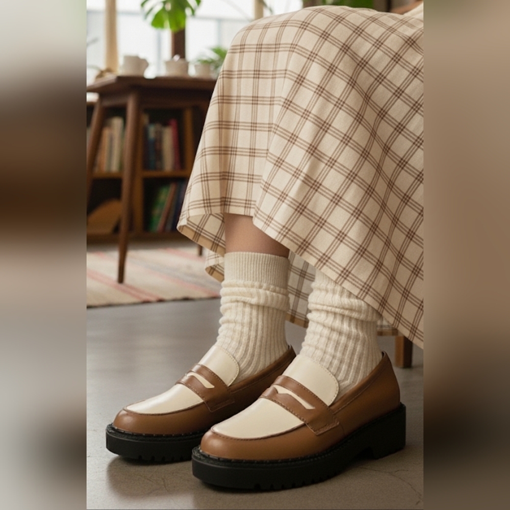 Preppy Grandpa Chunky Loafers 2 Tone Brown Ivory Leather 9.5 New